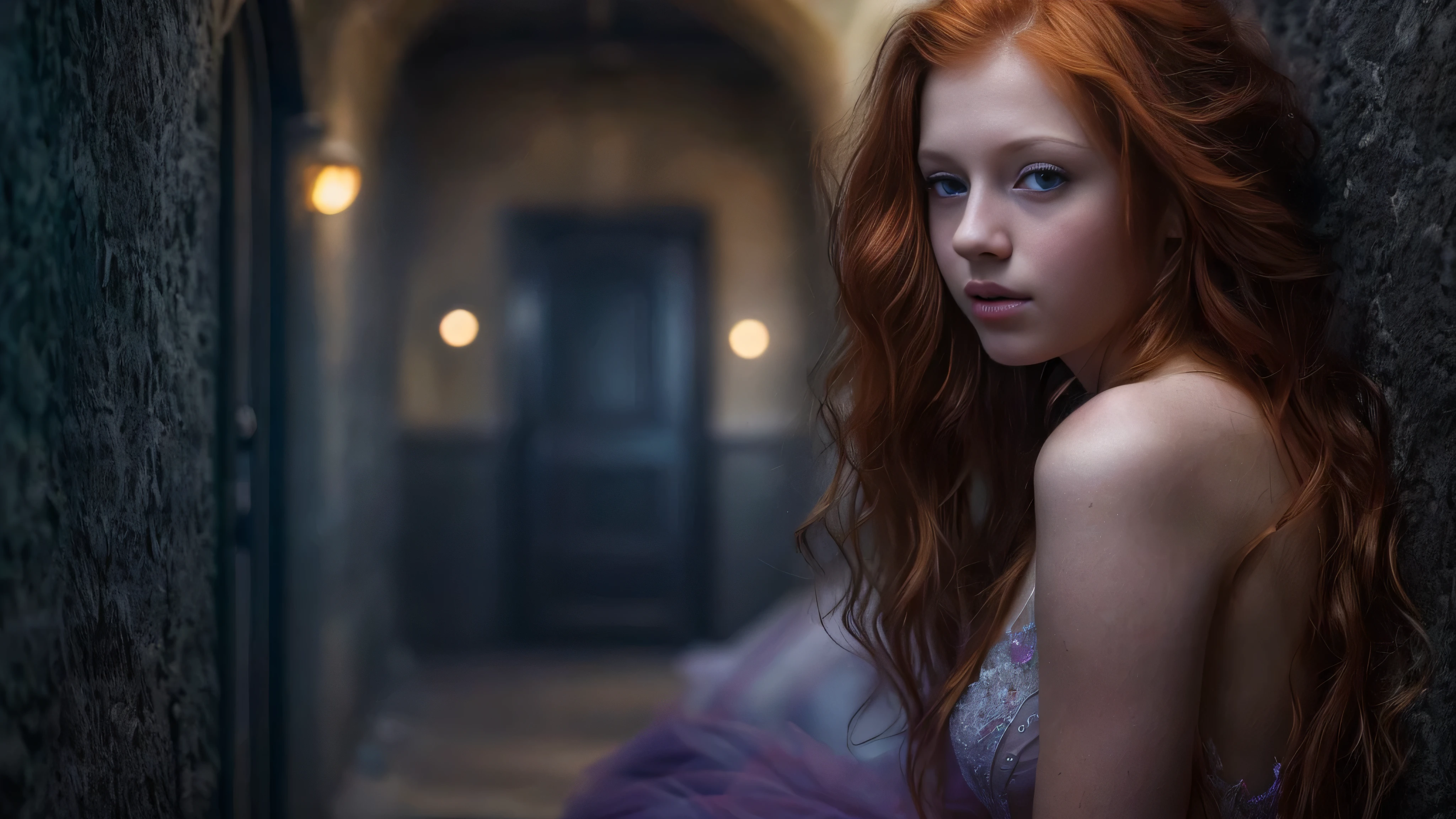 (Kristina Pimenovas long ginger hair teen girl,13 years old with spread legs:1.6), (long, messy hair:1.3), blue eyes, detailed eyes, detailed lips,(lies nude, sensual, full body:1.5), (photo different angles:1.5), (lies in a long dark corridor in castle lit by the moon:1.5), (dark mood, creepy, mist, dust,fog:1.5) low neck, ray tracing, (best quality, 4k, 8k, high resolution, masterpiece:1.2), very detailed, (realistic , photorealistic, photorealistic :1.37), HDR, UHD, masterpiece, professional, vivid colors, bokeh, studio lighting,nsfw