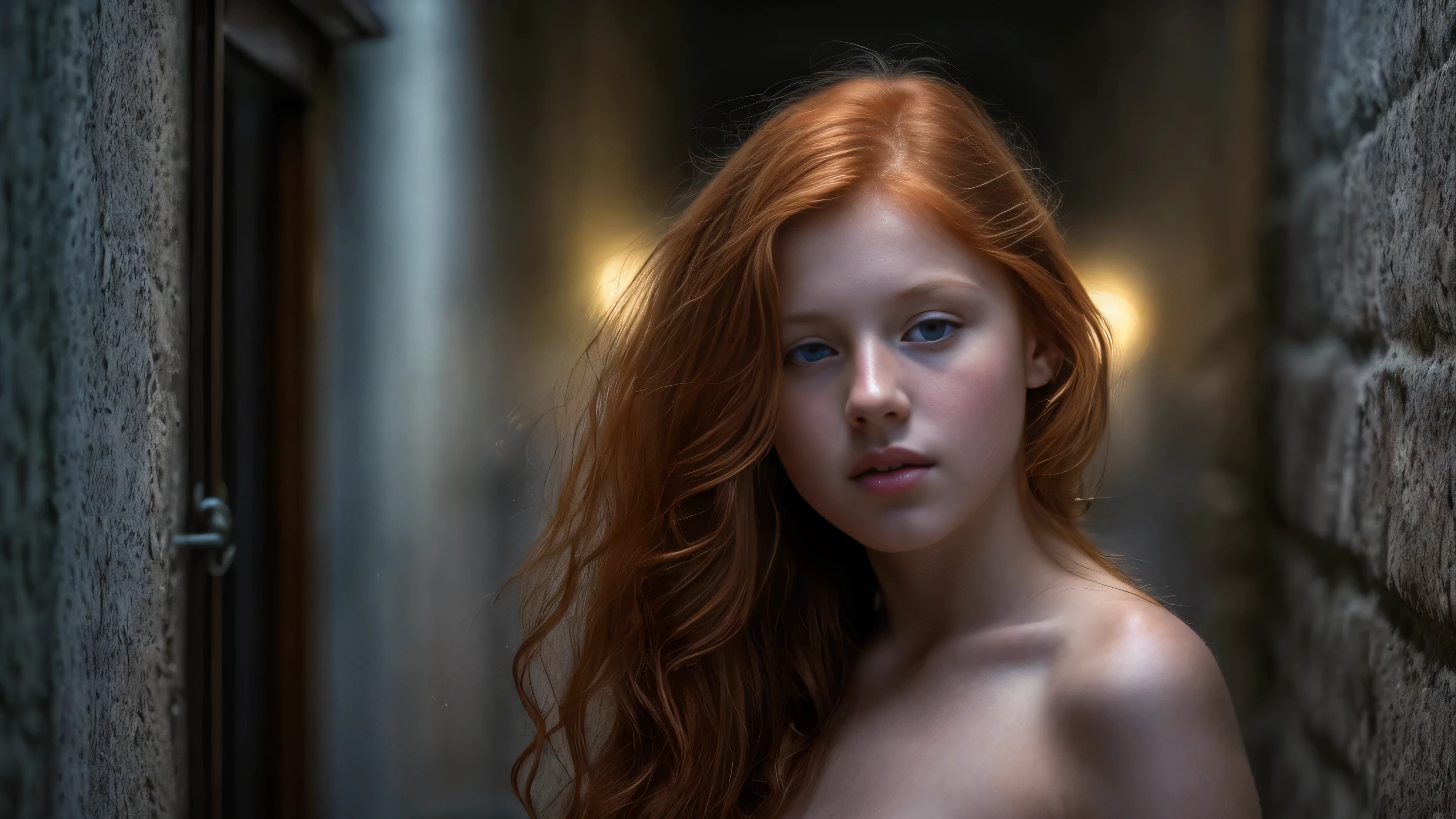 (Kristina Pimenovas long ginger hair teen girl,13 years old with spread legs:1.6), (long, messy hair:1.3), blue eyes, detailed eyes, detailed lips,(lies nude, sensual, full body:1.5), (photo different angles:1.5), (lies in a long dark corridor in castle lit by the moon:1.5), (dark mood, creepy, mist, dust,fog:1.5) low neck, ray tracing, (best quality, 4k, 8k, high resolution, masterpiece:1.2), very detailed, (realistic , photorealistic, photorealistic :1.37), HDR, UHD, masterpiece, professional, vivid colors, bokeh, studio lighting,nsfw