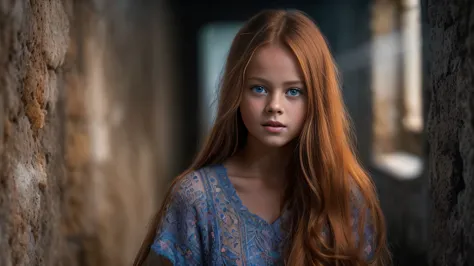 (Kristina Pimenova long ginger hair teen girl,13 years old with spread legs:1.6), (long, messy hair:1.3), blue eyes, detailed ey...