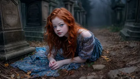 (Mackenzie Foy ginger hair teen girl,13 years old, with spread legs:1.6), (long, messy hair:1.3), blue eyes, detailed eyes, deta...