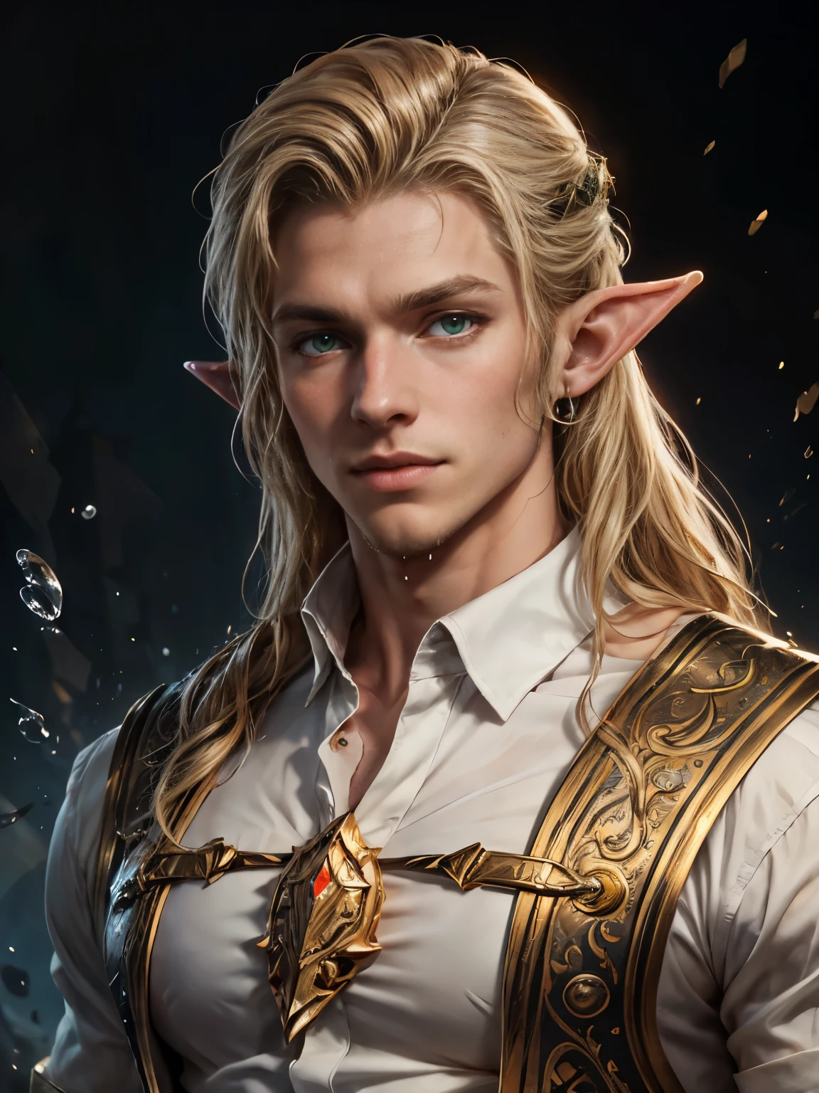 (masterpiece), best quality, high quality, (1male), adult male elf, pointy ears, handsome, blonde hair, long hair, green eyes,  white shirt, looking at viewer, upper body, splash art, rpg, intrincate,
