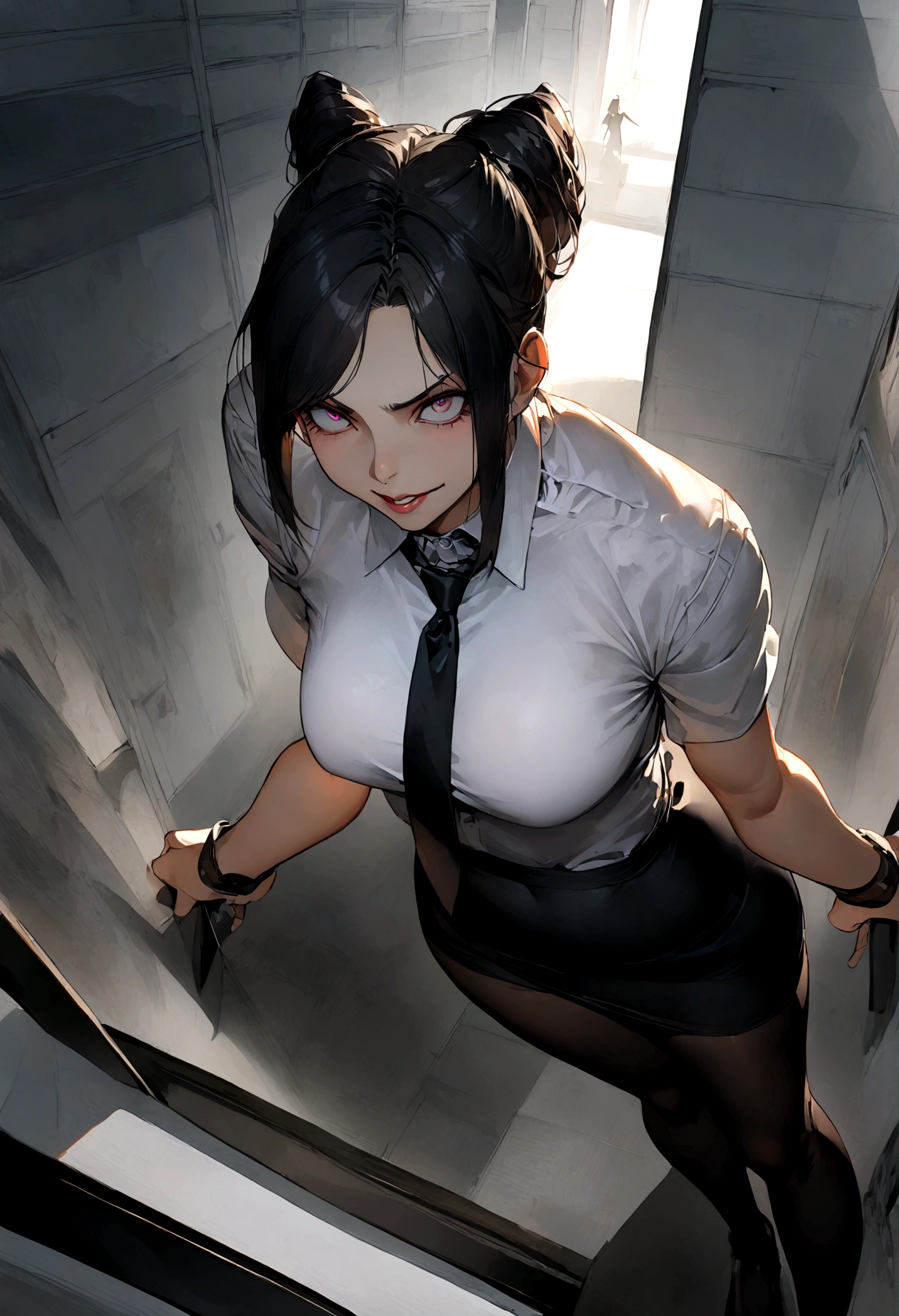 juri han, work of art, tight white secretary shirt with black tie, black high waist skirt, short skirt,stocking, black hair, black tights,evil smile,office,franja nos olhos,lighting,chifre de cabelos,view from above,olhando para baixop,visao de baixo
