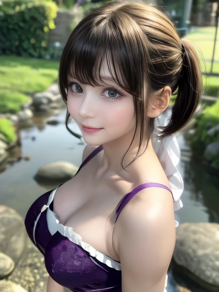 (highest quality:1.3),(masterpiece:1.3),(Ultra high definition:1.3),(Super detailed:1.3),(Imide Shot:0.9), One girl,alone,Young girl,Upper Body,Short neck,Beautiful breasts, , From the side,From below,close, , Purple eyes,Jewel-like eyes,Very fine grain,Highly detailed face,(Captivating smile:0.8),(Open your mouth:0.3), , (Clear Stream:1.37, Clear water, Pebble riverbed), Memorable Melodies, Twin tails, Maid,Green Hair,