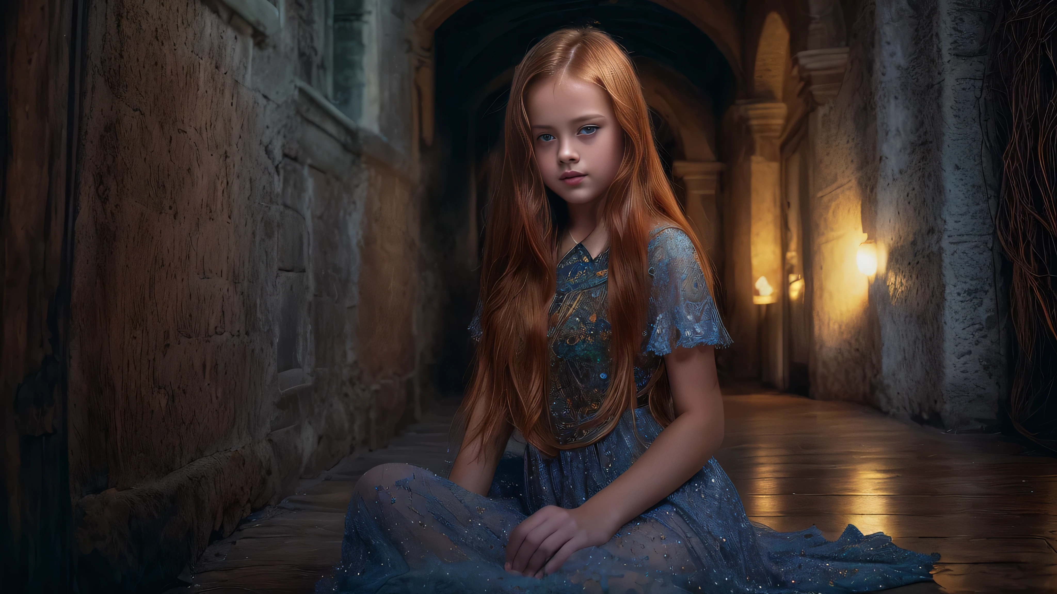 (Kristina Pimenova long ginger hair teen girl,13 years old with spread legs:1.6), (long, messy hair:1.3), blue eyes, detailed eyes, detailed lips,(lies nude, sensual, full body:1.5), (photo different angles:1.5), (lies in a long dark corridor in castle lit by the moon:1.5), (dark mood, creepy, mist, dust,fog:1.5) low neck, ray tracing, (best quality, 4k, 8k, high resolution, masterpiece:1.2), very detailed, (realistic , photorealistic, photorealistic :1.37), HDR, UHD, masterpiece, professional, vivid colors, bokeh, studio lighting,nsfw