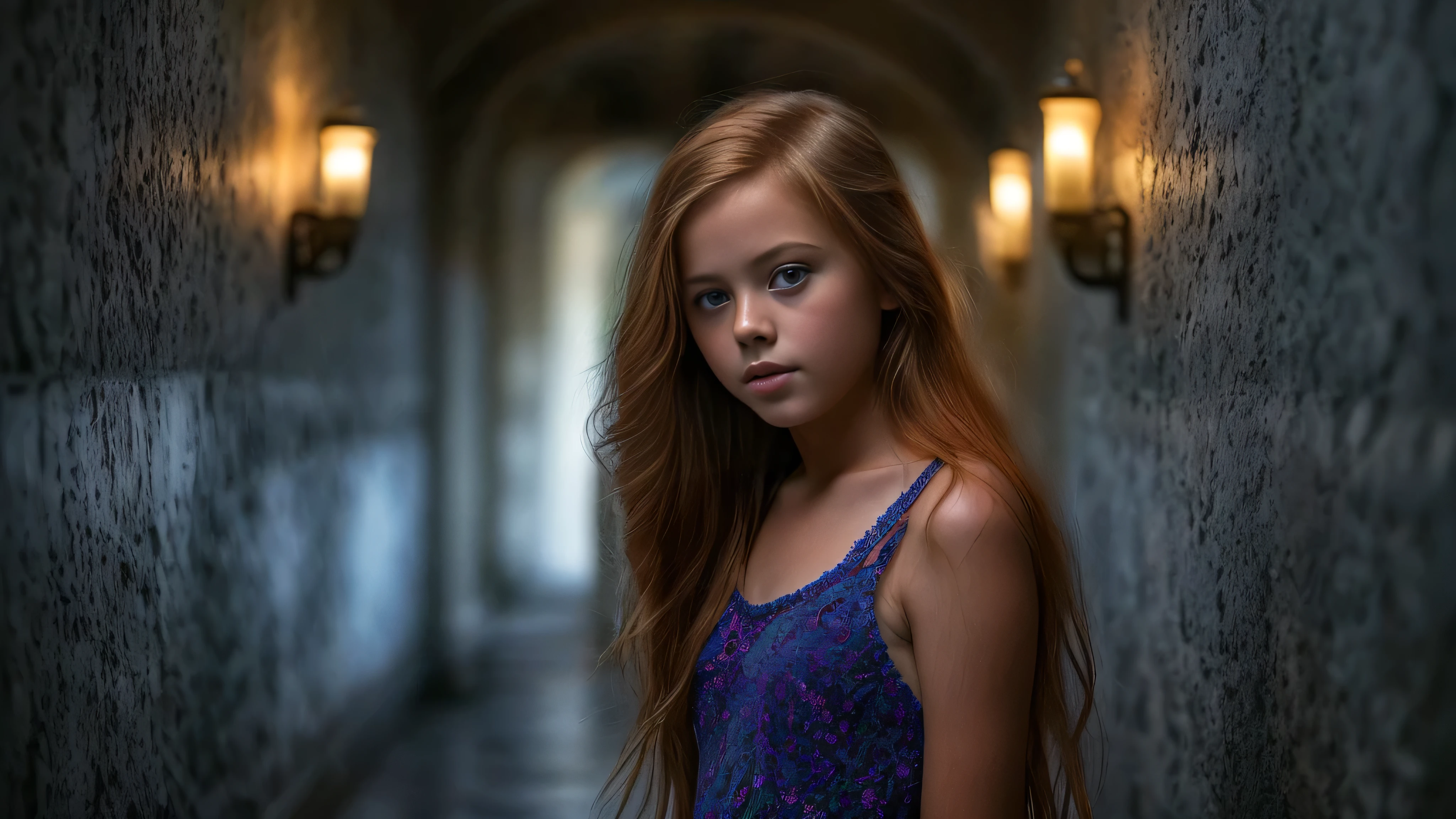 (Kristina Pimenova long ginger hair teen girl,13 years old with spread legs:1.6), (long, messy hair:1.3), blue eyes, detailed eyes, detailed lips,(lies nude, sensual, full body:1.5), (photo different angles:1.5), (lies in a long dark corridor in castle lit by the moon:1.5), (dark mood, creepy, mist, dust,fog:1.5) low neck, ray tracing, (best quality, 4k, 8k, high resolution, masterpiece:1.2), very detailed, (realistic , photorealistic, photorealistic :1.37), HDR, UHD, masterpiece, professional, vivid colors, bokeh, studio lighting,nsfw