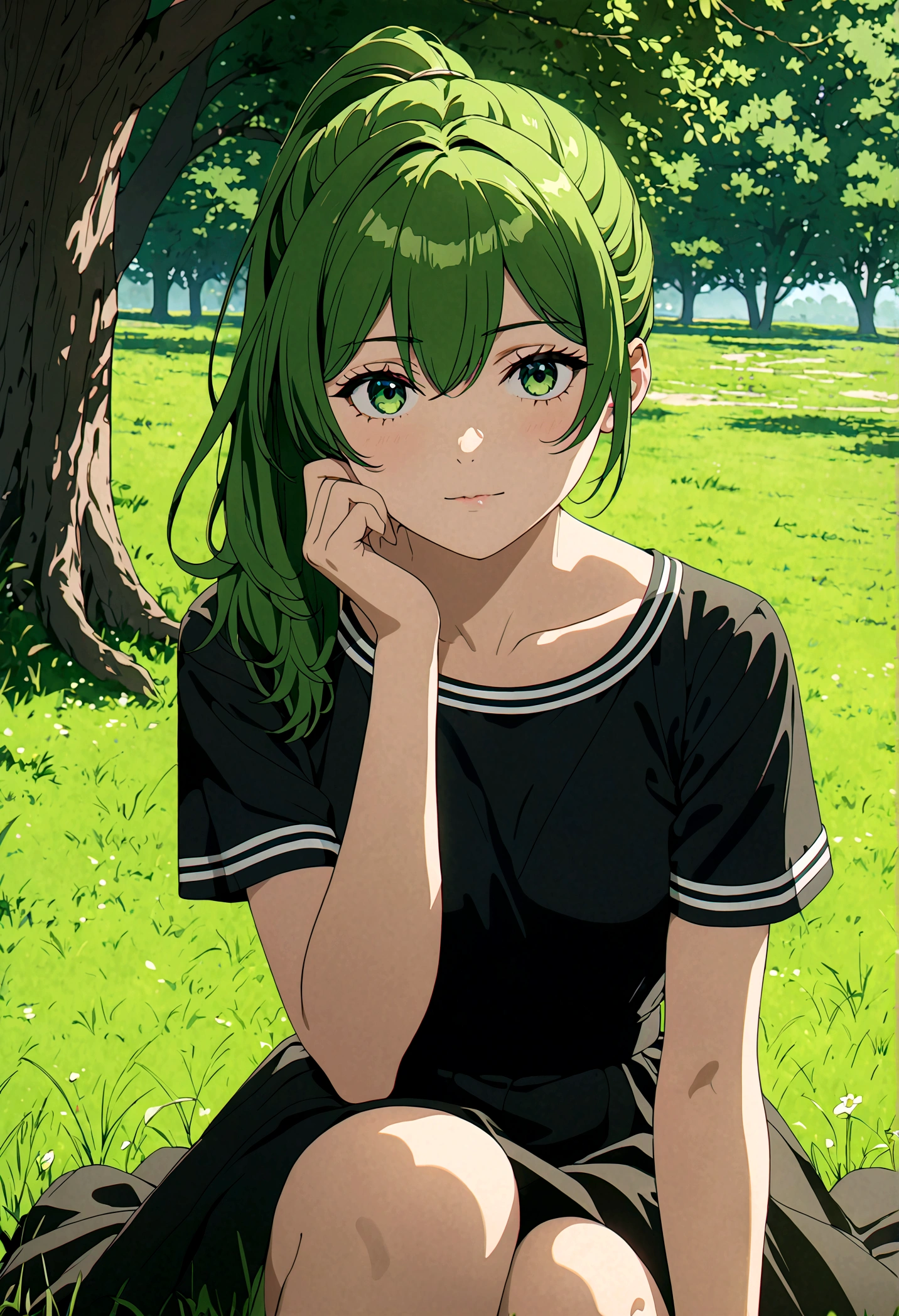 (masterpiece), best quality, expressive eyes, perfect face, A high school girl wearing a black dress She has a ponytail. sitting under a tree on the grass land ,looking at viewer, green hair