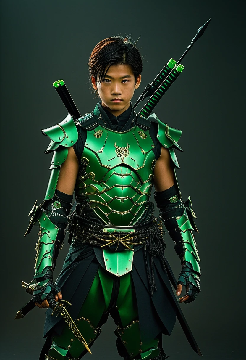 1 menino vestido com um terno verde segurando um arco e flechas de energia, cyborg samurai, armadura samurai cibernética japonesa, samurai ciberpunk, very beautiful samurai ciberpunk, Armadura Samurai completa do Homem-Aranha, bio - samurai ninja mecânico, portrait of a samurai ciberpunk, armadura estilo cyber japão, armadura cibernética do Japão, armadura celta e cyberpunk, samurai touro negro, armadura mecha assassina complexa