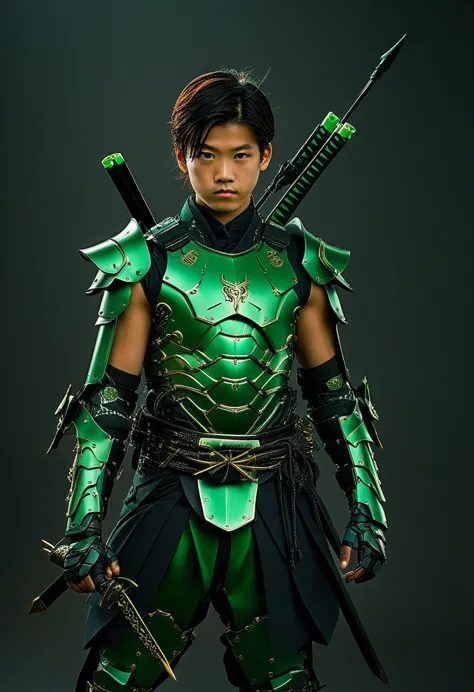 1 boy dressed in a green suit holding a bow and a energy arrows, cyborg samurai, cyber japan samurai armor, cyberpunk samurai, v...