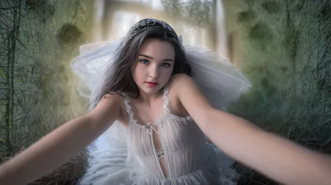 (snow white teen girl,13 years old with hand, fingers in vagina, spread legs:1.6),  (wind floating hair:1.4),(long, messy hair:1...