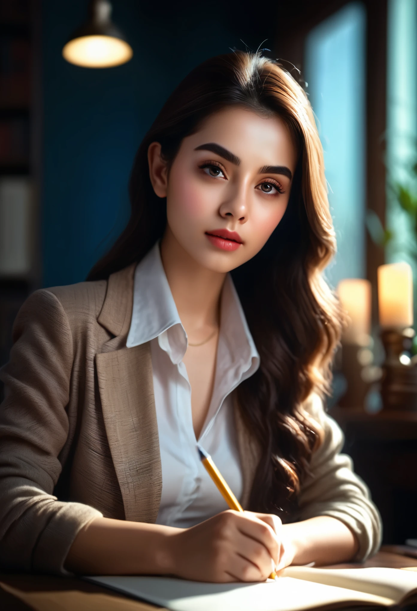 Exam, a girl taking an exam, beautiful detailed eyes, beautiful detailed lips, extremely detailed eyes and face, long eyelashes, serious expression, sitting at a desk, writing with a pencil, textbooks and papers on the desk, warm lighting, best quality, 8k, high-res, (masterpiece:1.2), ultra-detailed, intricate details, natural skin tones, cinematic lighting, dramatic atmosphere, highly detailed background, deep focus