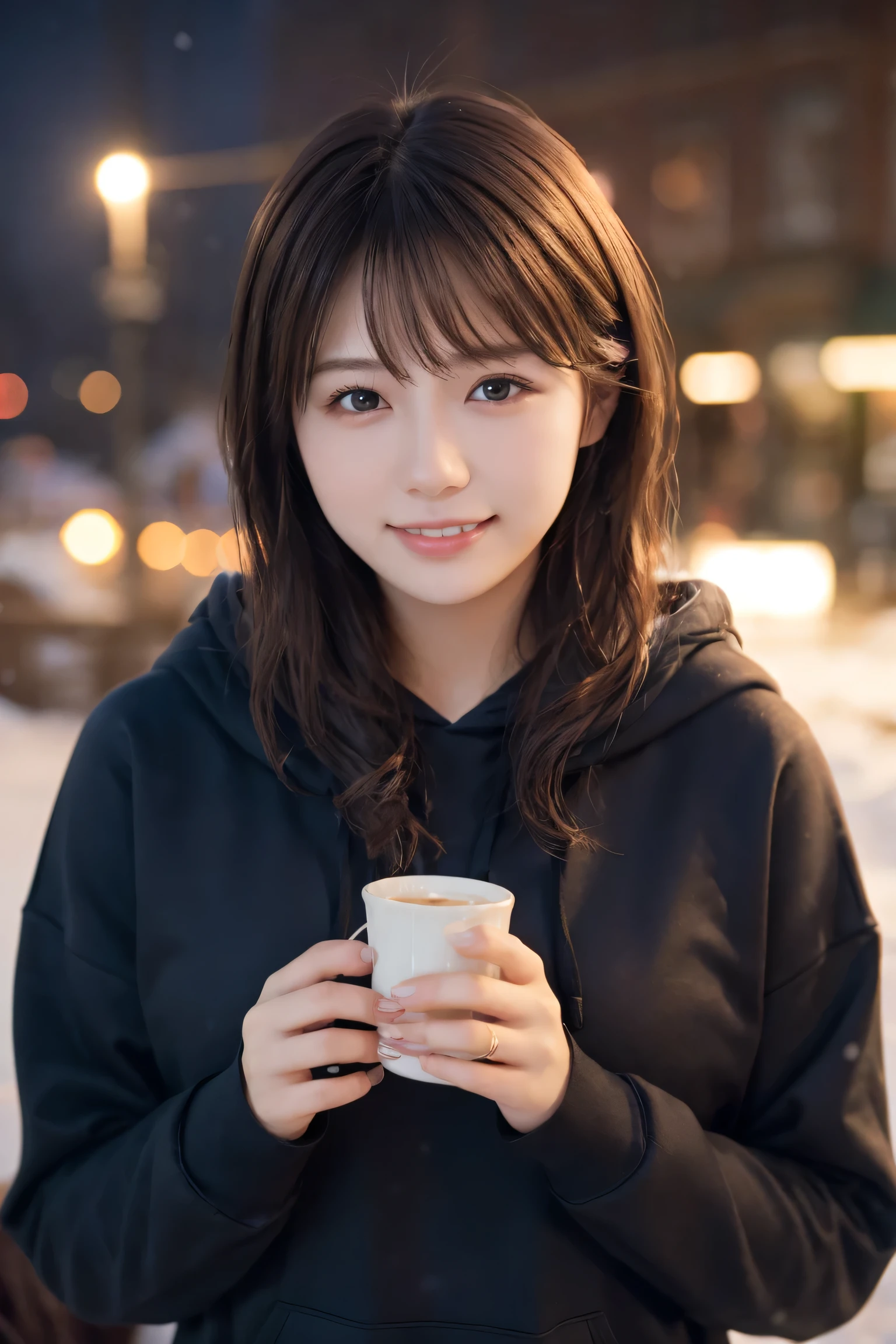 1 girl, (Wear a black hoodie:1.2), (RAW Photos, highest qualthaty), (Realistic, Realistic:1.4), Tabletop, Very delicate and beautiful, Very detailed, 2k wallpaper, wonderful, finely, Very detailed CG Unthaty 8K wallpaper, Very detailed, High resolution, Soft Light, Beautiful detailed girl, Very detailed目と顔, Beautiful and sophisticated nose, Finely beautiful eyes, Cinema Lighting, Illuminations that light up the cthaty on a snowy night, Snow Scene, that&#39;that&#39;it&#39;s snowing, Snow fell in my hair, Perfect Anatomy, Slender body, Was nervous, 
Straight semi-long hair, bangs, Looking at the audience, smile、Fluffy scarf、On the bed、pajamas