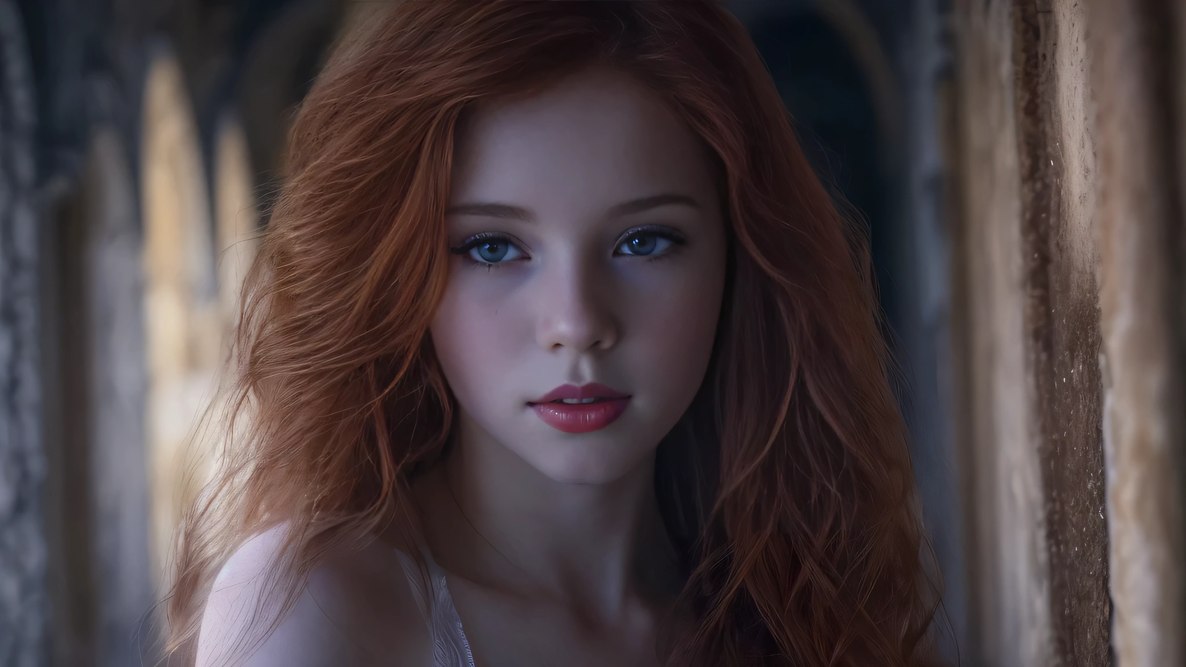 (snow white long ginger hair teen girl,13 years old with spread legs:1.6), (long, messy hair:1.3), blue eyes, detailed eyes, detailed lips,(lies nude, sensual, full body:1.5), (photo different angles:1.5), (lies in a long dark corridor in castle lit by the moon:1.5), (dark mood, creepy, mist, dust,fog:1.5) low neck, ray tracing, (best quality, 4k, 8k, high resolution, masterpiece:1.2), very detailed, (realistic , photorealistic, photorealistic :1.37), HDR, UHD, masterpiece, professional, vivid colors, bokeh, studio lighting,nsfw