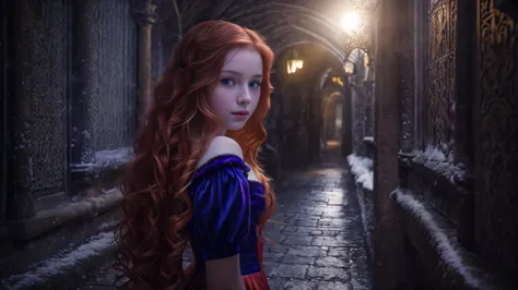 (snow white long ginger hair teen girl,13 years old with spread legs:1.6), (long, messy hair:1.3), blue eyes, detailed eyes, det...