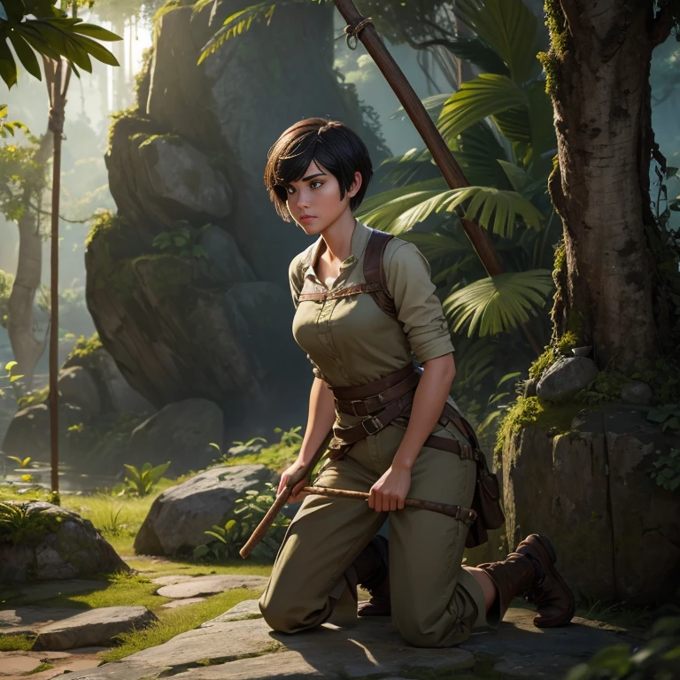 In the game adventure realistic character style, Epic games realistic, game dev, unreal engineer, in wihite background,create A realistic woman with short hair with bangs, kneeling on a floating jungle rock, left arm touches the rock to balance her body. In her right hand, with her arm bent, the woman holds a wooden stick embedded in stone. The girl with short hair and bangs looks down as if she is preparing to attack her enemy, Craftsman's masterpiece.