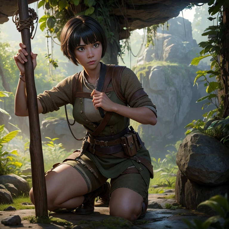 In the game adventure realistic character style, Epic games realistic, game dev, unreal engineer, in wihite background,create A realistic woman with short hair with bangs, kneeling on a floating jungle rock, left arm touches the rock to balance her body. In her right hand, with her arm bent, the woman holds a wooden stick embedded in stone. The girl with short hair and bangs looks down as if she is preparing to attack her enemy, Craftsman's masterpiece.