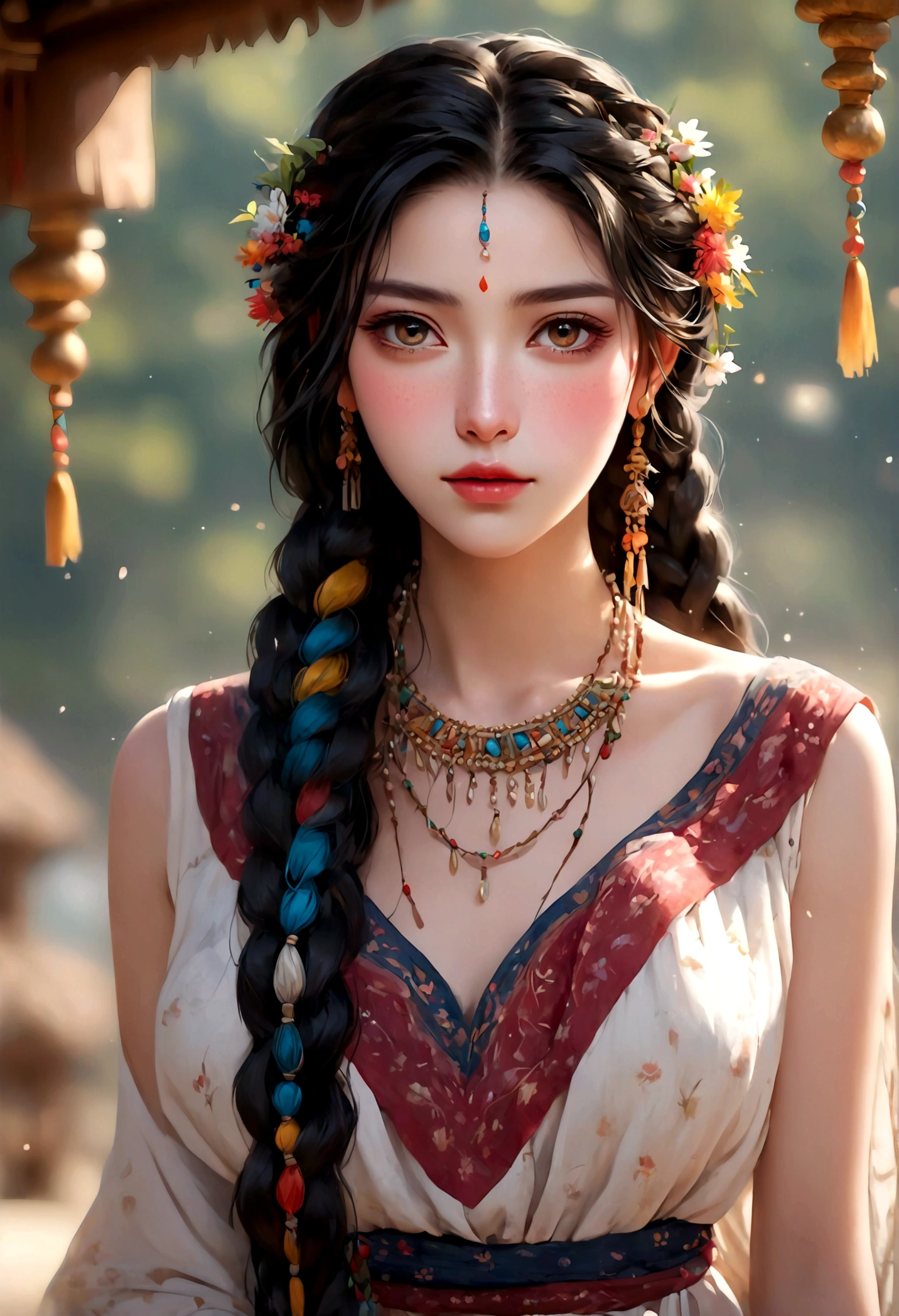 Beautiful young woman in traditional ethnic costume, flowing long black hair，With colorful braids, radiant skin, Delicate facial features and delicate eye makeup, Pearl necklace, Blurred background, (best quality,4k,8K,High resolution,masterpiece:1.2),Extremely detailed,(Practical,photoPractical,photo-Practical:1.37),Extremely detailed eyes and face,Long eyelashes,Beautiful and delicate eyes,Beautiful and delicate lips,Delicate skin，With slight freckles,Delicate shoulders and arms,elegant flowing dress,Intricate traditional ethnic patterns and designs