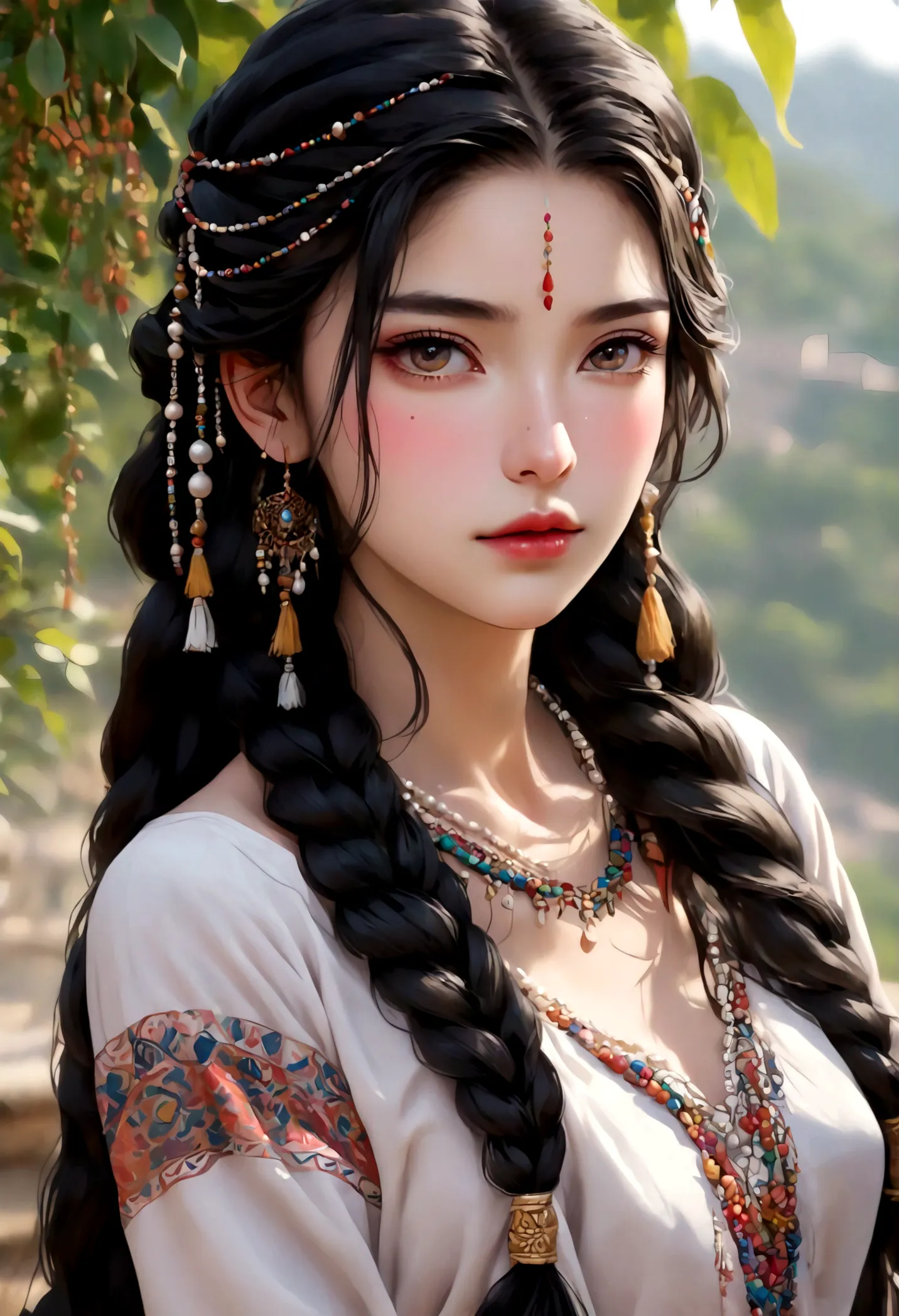 Beautiful young woman in traditional ethnic costume, flowing long black hair，With colorful braids, radiant skin, Delicate facial...