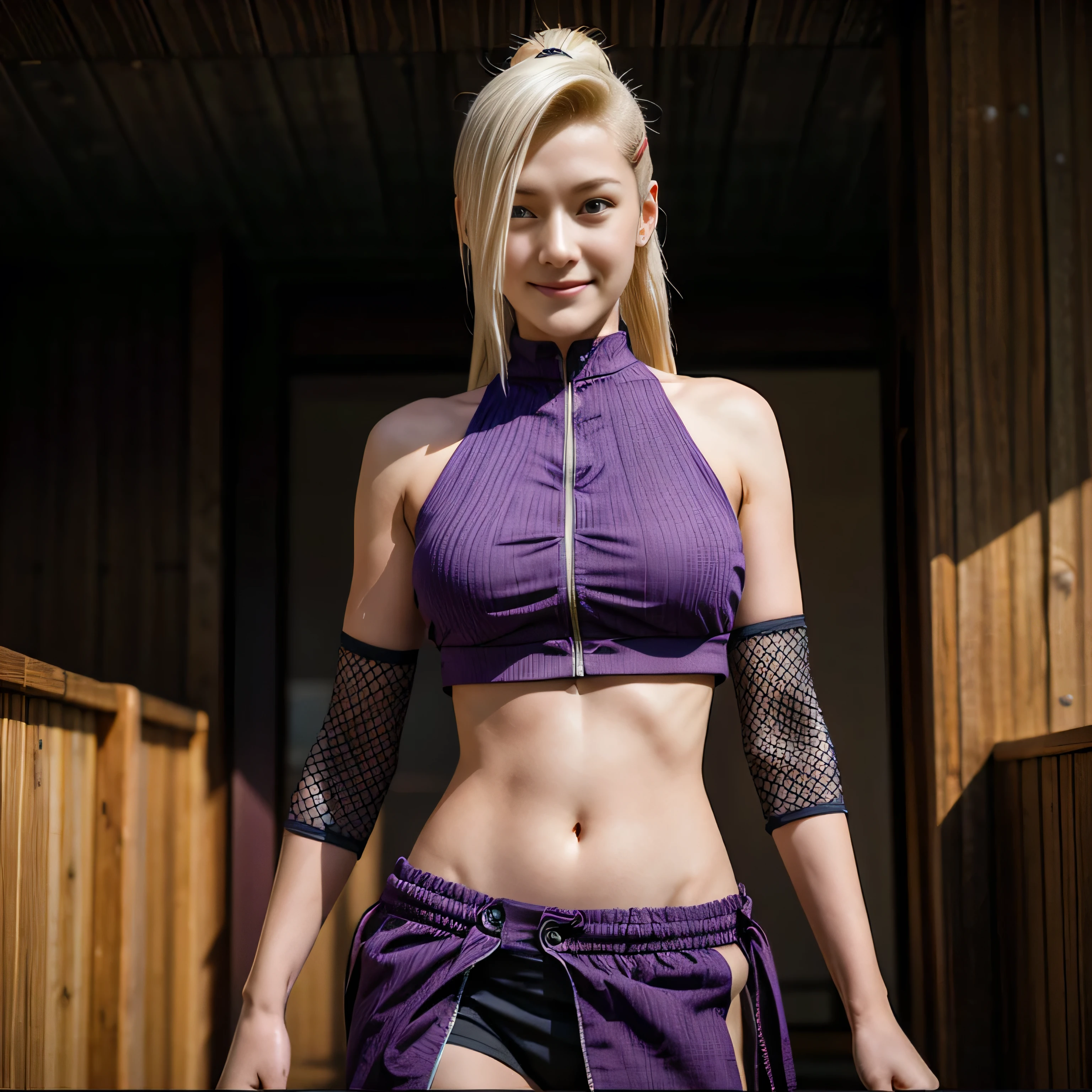 photorealistic, masterpiece, photorealistic, high resolution, soft light, hips up, cunt up, blue eyes, blonde hair, long hair, hairclip, smile, Intricate details EABA, big breasts, cloaks, violet ninja, Ninja, Armor, Member belongs to Division 5, Ino Yamanaka, Konoha habor