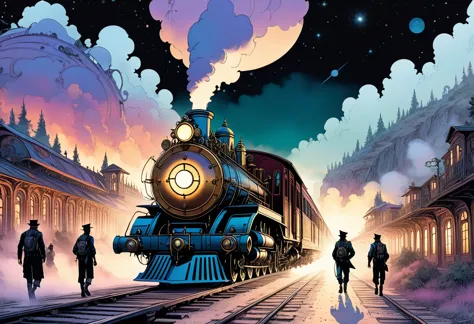 Steampunk locomotive running through the galaxy, two Italian boys board the Galaxy Express and travel through space meeting vari...
