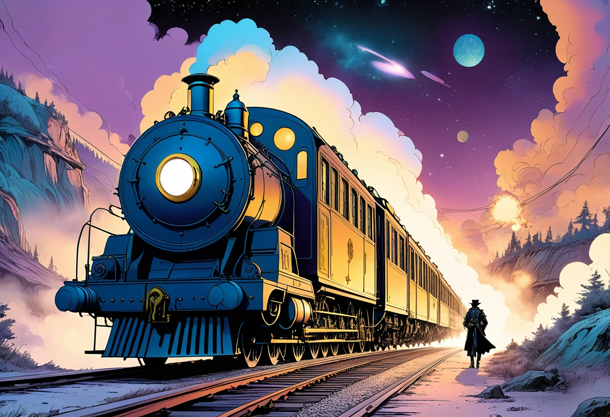 Locomotive Steampunk traversant la galaxie, (deux garçons italiens montent à bord du Galaxy Express et voyagent à travers l&#39;espace pour rencontrer diverses personnes: 1.9), conte de fées "Nuit sur le chemin de fer galactique", machines très détaillées et élaborées, Beaux paysages, Éclairage cinématographique, palette de tons chauds, brouillard volumineux, composition dramatique, Photoréaliste, chef-d&#39;œuvre, 8k, hyperréaliste, style artistique conceptuel