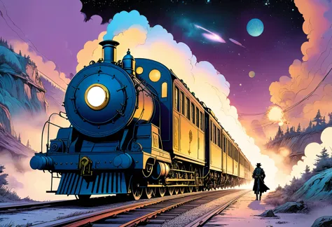 Steampunk locomotive running through the galaxy, (Two Italian boys board the Galaxy Express and travel through space meeting var...