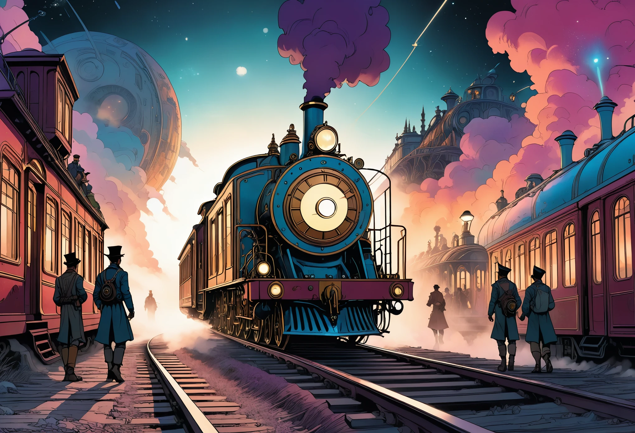 a steampunk locomotive running through the galaxy, two italian boys boarding the galaxy railway, fairytale "night on the galactic railroad", highly detailed, intricate machinery, beautiful scenery, cinematic lighting, warm color palette, volumetric fog, dramatic composition, photorealistic, masterpiece, 8k, hyperrealistic, concept art style