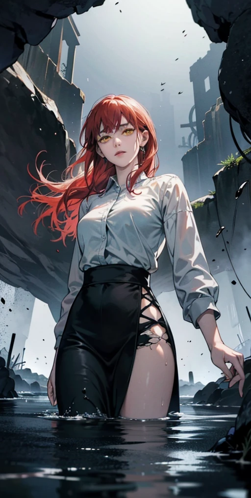 High quality, masterpiece, 8k, 1 female, red hair, yellow eyes, perfect body, beautiful face, serious face, wearing white shirt and black paint, walking in the water in the broken village, broken village, overflowing water, wet body, dark, dark color, torn clothes, deep shadow, looking another side, fantasy world, fantasy, from below 