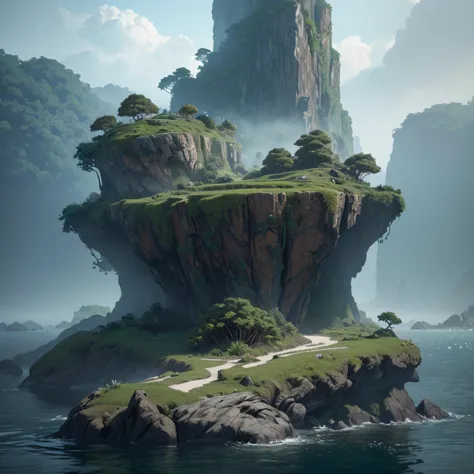 a floating stone island with lush jungle vegetation, highly detailed, photorealistic, epic quality, unreal engine, octane render...