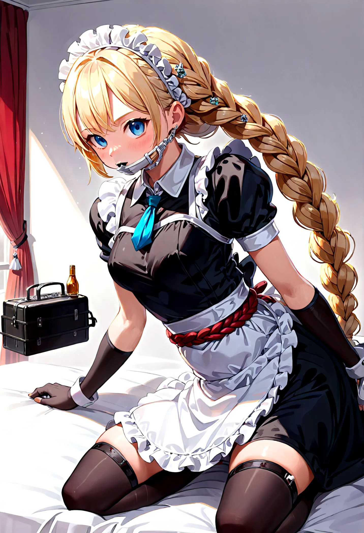 Shiny blond hair, very long hair, sophisticated haircut, ((((hair fully braided)))), ((small twisted braids)), thin and oval face, submissive, (((gagged))), ((((very cute maid girl)))), ((((very cute black maid dress)))), ((((cute waitress serving a blond ...