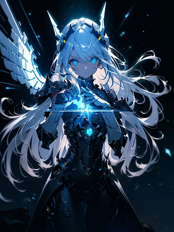 highest quality, masterpiece, small details, ultra precision, very delicate 8k wallpaper, robot girl, (blue long hair), (White mechanical armor), (green eyes and sharp headgear), (mechanical wings attached to shoulders), The glowing core in the middle of the chest, (mechanically articulated fingers, 4 fingers and 1 thumb),(((look at camera)))