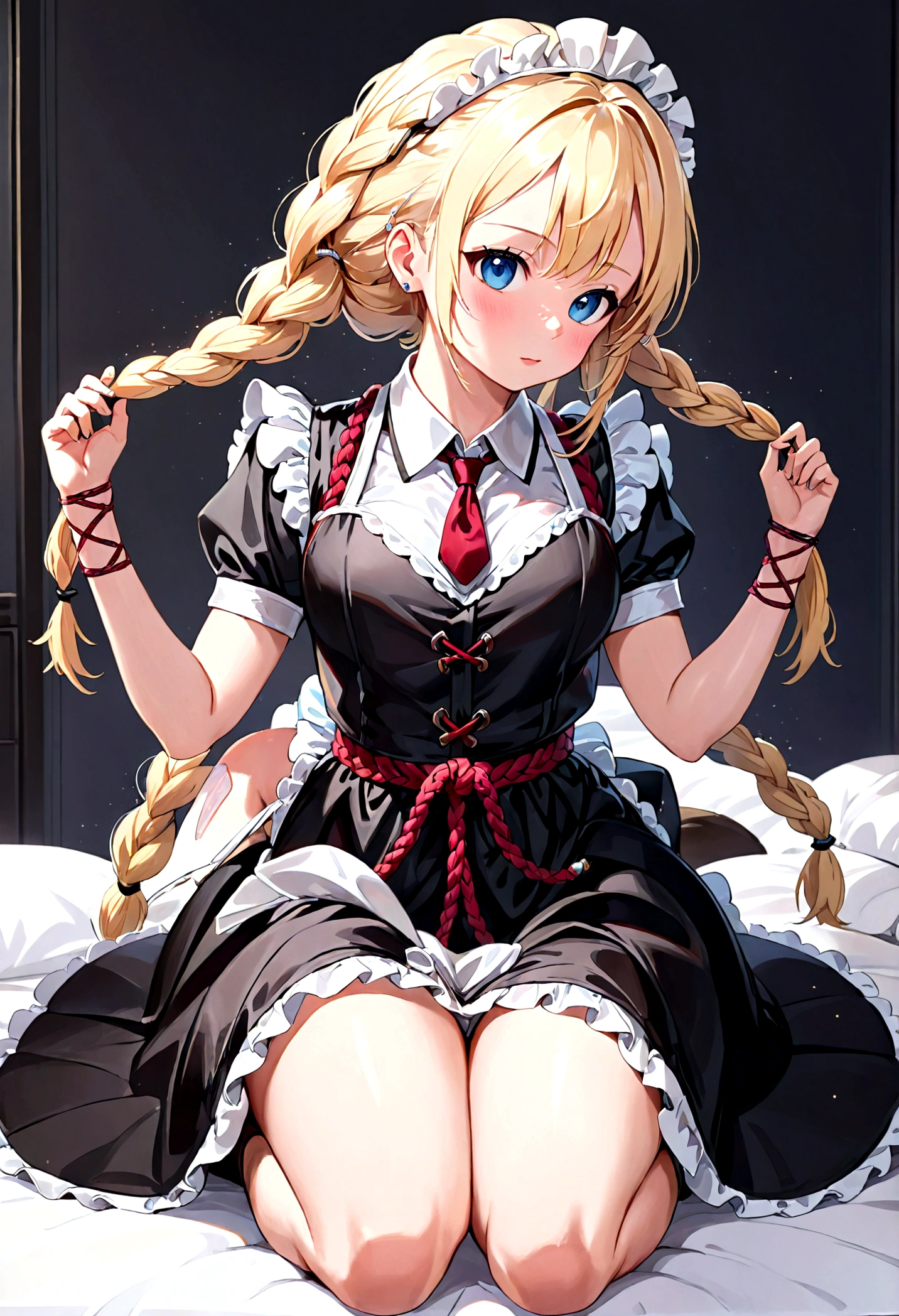 Shiny blond hair, very long hair, sophisticated haircut, ((((hair fully braided)))), ((small twisted braids)), thin and oval face, submissive,  ((((very cute maid girl)))), ((((very cute black maid dress)))), ((((cute waitress serving a blond man)))), cute and blushing 18 years old anime girl, look away because she is embarrassed and blushes, bright blue eyes, detailed face, detailed members, detailed arms, detailed hands, ((((sparkling diamond jewelry)))), tiara, ((makeup)), high heels, puffy sleeves, long gloves, long eyelashes, maid costume, maid dress, maid girl, Girl lying, tied by ropes, shackled, can no longer move, tied tightly, very hard tied up with lots of ropes, hampered by so many ropes that she can no longer move, bound hands and feet, ropes tie his whole body, tied extremely tightly and forcefully to her bed by a lot of ropes, its limbs are strongly tied together by ropes, his torso is tied up with thick cords, her chest is so tied up with ropes that it sticks out, her legs are tied tightly with thick ropes, his hands are tied behind his back with ropes, she can no longer move her feet, her hands which are tied by thick ropes, she desperately tries to free herself, likes to be tied tight with big ropes, likes to be immobilized by big ropes, lying down, his hands and feet are strongly tied to the railing of his bed, his legs are pressed together and tied with ropes, its limbs are held vigorously by imposing ropes, her hands are tied securely behind her back by ropes, her chest is compressed by strong ropes, she is pressed against her bed and restrained by large ropes (shibari, arms behind the back:1.4), (hands on the back), (masterpiece, best quality) 1.5, 1girl, solo, (sexy, beautiful woman, perfect face, perfect eyes, perfect hands), samus aran, (shibari, arms behind the back:1.4), (hands on the back), Spread the legs, s&#39; ((lie in bed by big ropes)), ((close up of the girl)), ((((lie in bed))))