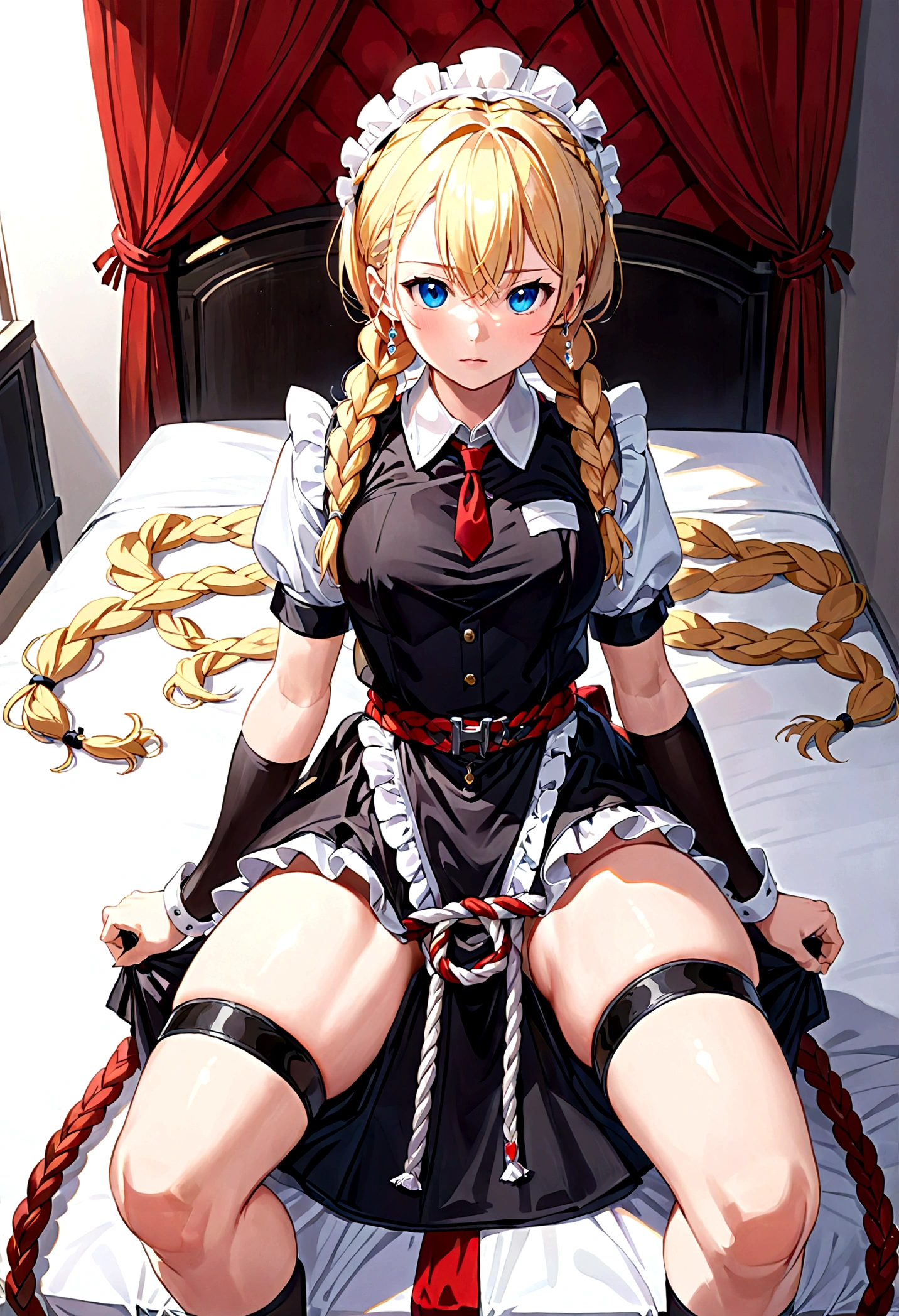 Shiny blond hair, very long hair, sophisticated haircut, ((((hair fully braided)))), ((small twisted braids)), thin and oval face, submissive, ((((very cute maid girl)))), ((((very cute black maid dress)))), ((((cute waitress serving a blond man)))), cute and blushing 18 years old anime girl, look away because she is embarrassed and blushes, bright blue eyes, detailed face, detailed members, detailed arms, detailed hands, ((((sparkling diamond jewelry)))), tiara, ((makeup)), high heels, puffy sleeves, long gloves, long eyelashes, maid costume, maid dress, maid girl, Girl lying, tied by ropes, shackled, can no longer move, tied tightly, very hard tied up with lots of ropes, hampered by so many ropes that she can no longer move, bound hands and feet, ropes tie his whole body, tied extremely tightly and forcefully to her bed by a lot of ropes, its limbs are strongly tied together by ropes, his torso is tied up with thick cords, her chest is so tied up with ropes that it sticks out, her legs are tied tightly with thick ropes, his hands are tied behind his back with ropes, she can no longer move her feet, her hands which are tied by thick ropes, she desperately tries to free herself, likes to be tied tight with big ropes, likes to be immobilized by big ropes, lying down, his hands and feet are strongly tied to the railing of his bed, his legs are pressed together and tied with ropes, its limbs are held vigorously by imposing ropes, her hands are tied securely behind her back by ropes, her chest is compressed by strong ropes, she is pressed against her bed and restrained by large ropes (shibari, arms behind the back:1.4), (hands on the back), (masterpiece, best quality) 1.5, 1girl, solo, (sexy, beautiful woman, perfect face, perfect eyes, perfect hands), samus aran, (shibari, arms behind the back:1.4), (hands on the back), Spread the legs, s&#39; ((lie in bed by big ropes)), ((close up of the girl)), ((((lie in bed))))