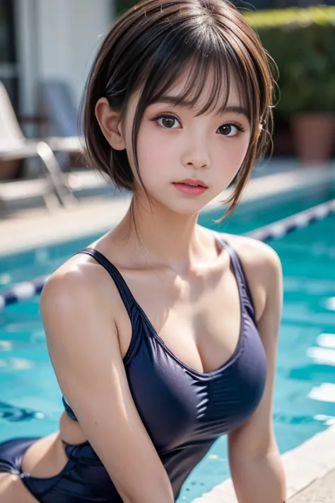 one girl, (a beauty girl, delicate girl:1.3), (12 years old:1.3),((School Swimsuit)) (紺色のSchool Swimsuit:1.3),((Cute pose)) ,Ver...