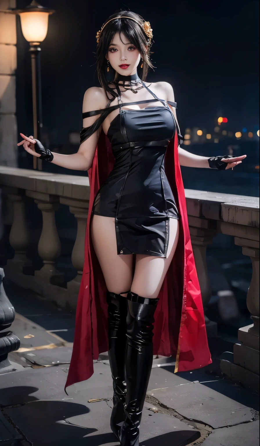 (highest quality, 4K, masterpiece :1.3), Beautiful woman, Surreal, 1 girl,),Ajolf, Side Lock,Short hair and long straight hair, Gold Hair Band, Gold earrings, Gold hair ornament, Big Breasts, Bare shoulders, Black Dress, Double-sided dress with red rose cape, choker, Thigh-high boots, , Fingerless gloves, Thigh-high boots,Slender Beauty, (Huge breasts, Attractive body :1.2), Abdominal exercises :1.1, Long black hair 1.1, Highly detailed face, Lip details, Fine Eyes, double eyelid, Sexy low neck dress, Open neckline, Pose with twisted hips, Visible curves,Muscular, curved legs, Yugal, masterpiece, highest quality, High resolution, aaYugalf,Cowboy Shot, Are standing, Looking at the audience, Outdoor, night, (Perfect Anatomy:1.Big Ass, jewelry, Off the shoulder, Black Pantyhose, Cute Smile, Beautiful and bright lighting, Beautiful breasts,Put your hands behind your back,