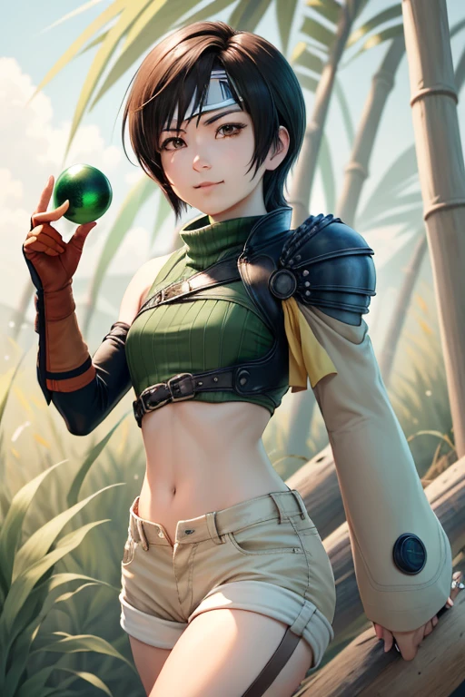 masterpiece, best quality, yuffie kisaragi, headband, green crop top, shoulder armor, armguard, fingerless gloves, tan shorts, single thighhigh, fishnets, upper body, looking at viewer, furrowed brow, smug smile, closed mouth, grass, bamboo, sky, holding up a small red crystal ball