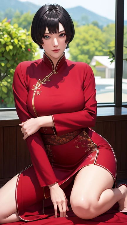 （（（Wearing a red slit cheongsam，Black gloves on both hands。（（（Kurotsuchi，short black hair，black pupils，Good-looking， ））），（（（wide hips））），S-shaped body:1.7））），((masterpiece)),high resolution, ((Best quality at best))，masterpiece，quality，Best quality，（（（ Exquisite facial features，looking at the audience,There is light in the eyes，lol，confidence ））），（（（Light and shadow interlace，huge ））），（（（looking into camera，Kneel and put on）））