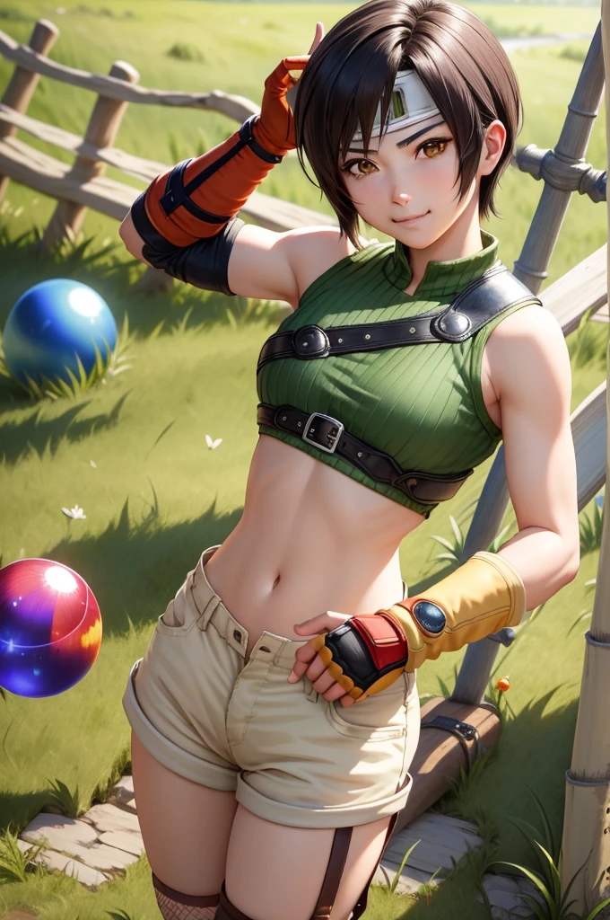 masterpiece, best quality, yuffie kisaragi, headband, green crop top, shoulder armor, armguard, fingerless gloves, tan shorts, single thighhigh, fishnets, upper body, looking at viewer, furrowed brow, smug smile, closed mouth, grass, bamboo, sky, holding up a small red crystal ball