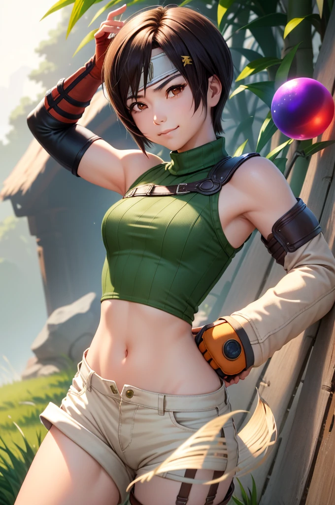 masterpiece, best quality, yuffie kisaragi, headband, green crop top, shoulder armor, armguard, fingerless gloves, tan shorts, single thighhigh, fishnets, upper body, looking at viewer, furrowed brow, smug smile, closed mouth, grass, bamboo, sky, holding up a small red crystal ball