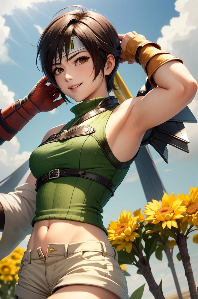 masterpiece, best quality, yuffie kisaragi, headband, green crop top, shoulder armor, armguard, fingerless gloves, tan shorts, single thighhigh, fishnets, upper body, looking at viewer, furrowed brow, smug smile, opened mouth, grass, armpits visible