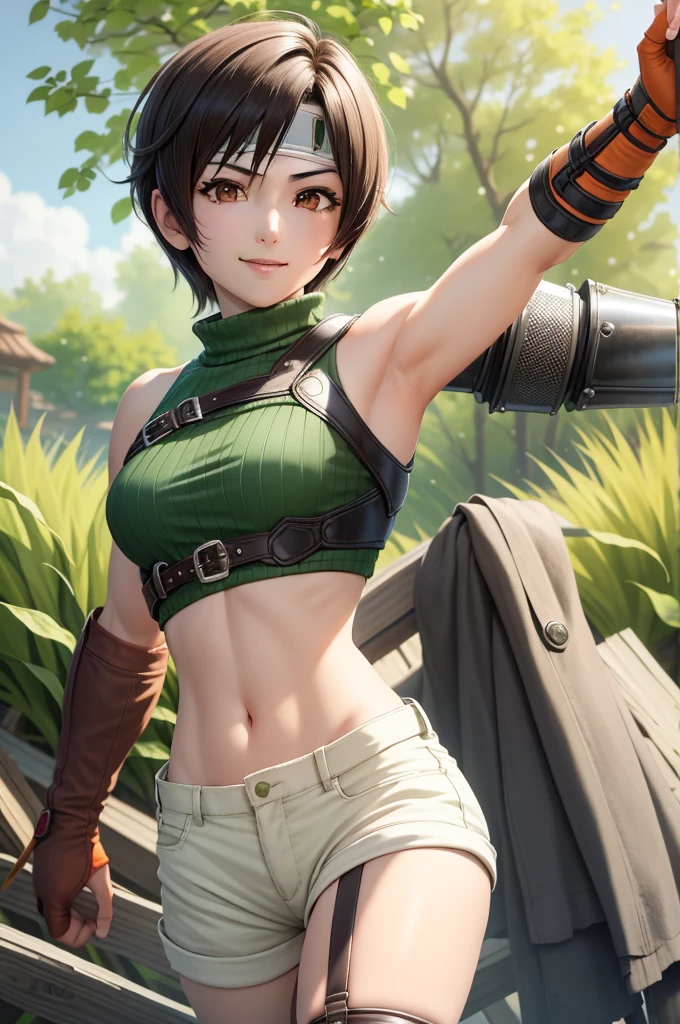 masterpiece, best quality, yuffie kisaragi, headband, green crop top, shoulder armor, armguard, fingerless gloves, tan shorts, single thighhigh, fishnets, upper body, looking at viewer, furrowed brow, smug smile, opened mouth, grass, armpits visible