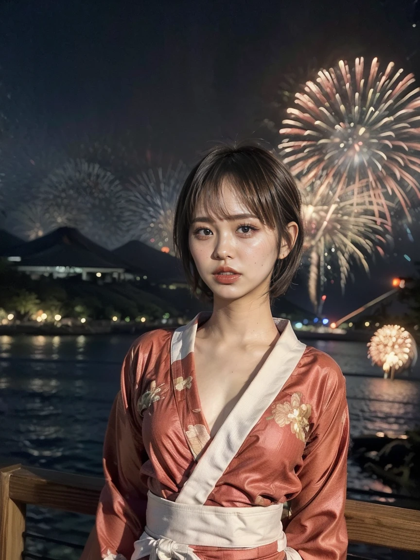 ((Wearing a red yukata:1.5)),((fireworks display in the background:1.5)), night:1.5, (bob cut), (very short hair:1.3), (black hair:1.3), (blunt bang:1.3), Detailed female anatomy, Smooth Skin, Perfect body, Graceful pose, Natural light, Calm expression, photoRealistic, 8k, high quality, masterpiece, Studio Lighting, Realistic, Detailed skin texture, elegant, Mysterious, Glowing Skin, ((Are standing:1.5)),(Smiling, showing off perfect white teeth:1.4)