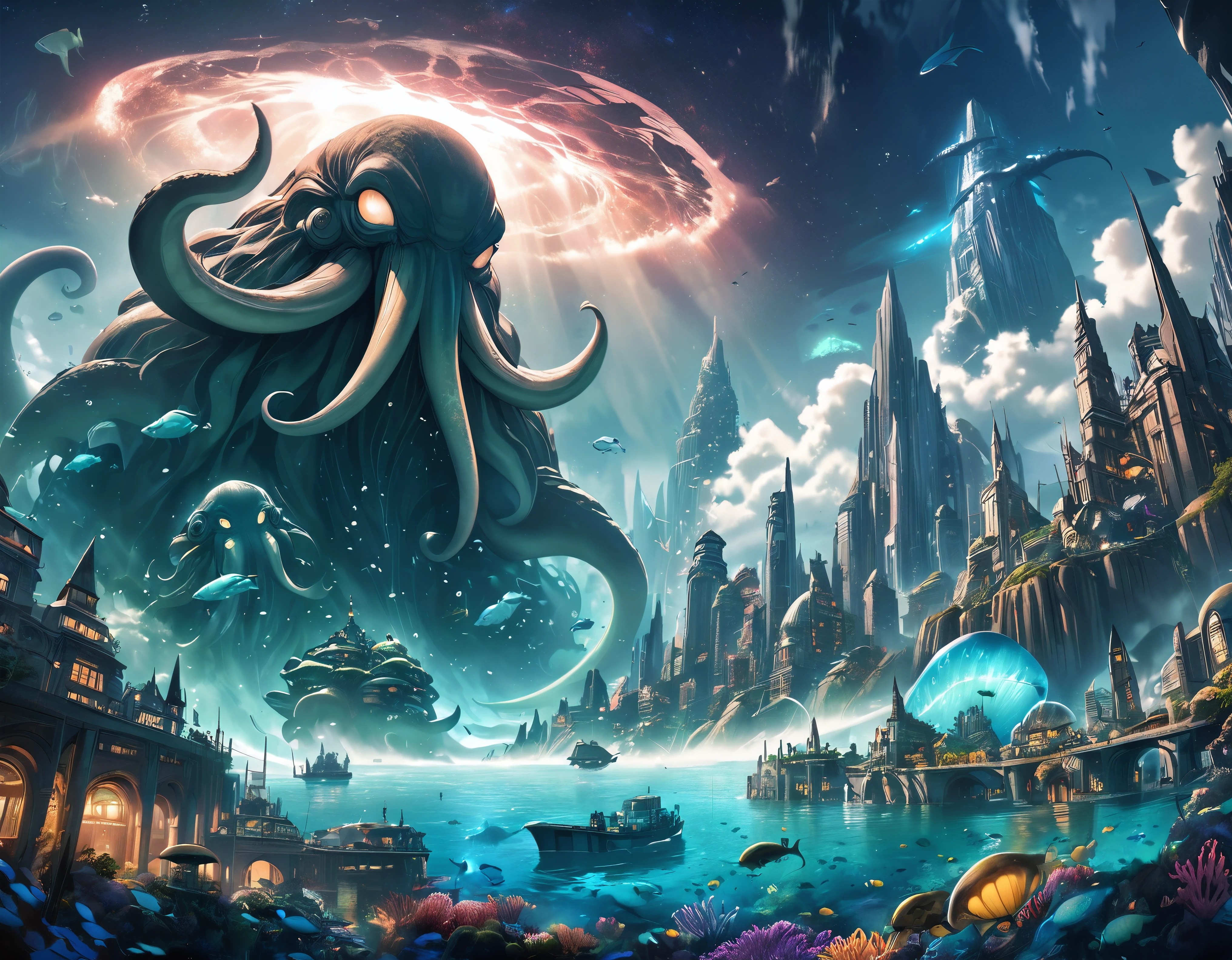 Ciudad submarina, El terror del universo, fotografía de paisaje, Montaña Gigante y Chthulhu, 