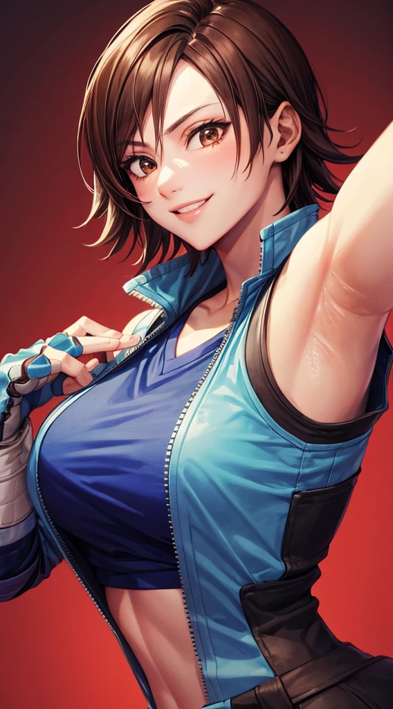 masterpiece, best quality, asuka kazama, brown hair, see-through, blue shirt, fingerless gloves, looking at viewer, furrowed brow, smile, upper body, gradient background, red background, large breasts, armpits visible