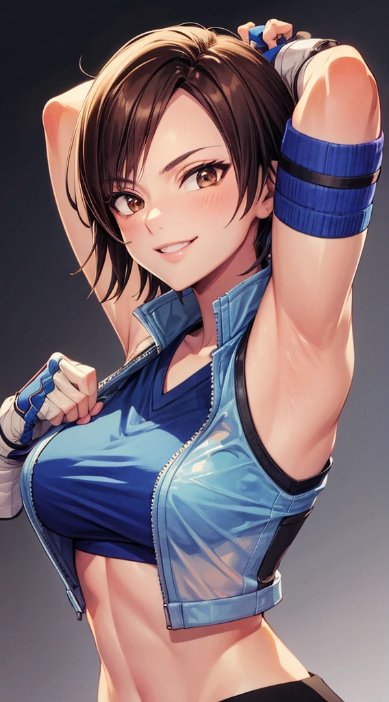 masterpiece, best quality, asuka kazama, brown hair, see-through, blue shirt, fingerless gloves, looking at viewer, furrowed brow, smile, upper body, gradient background, red background, large breasts, armpits visible