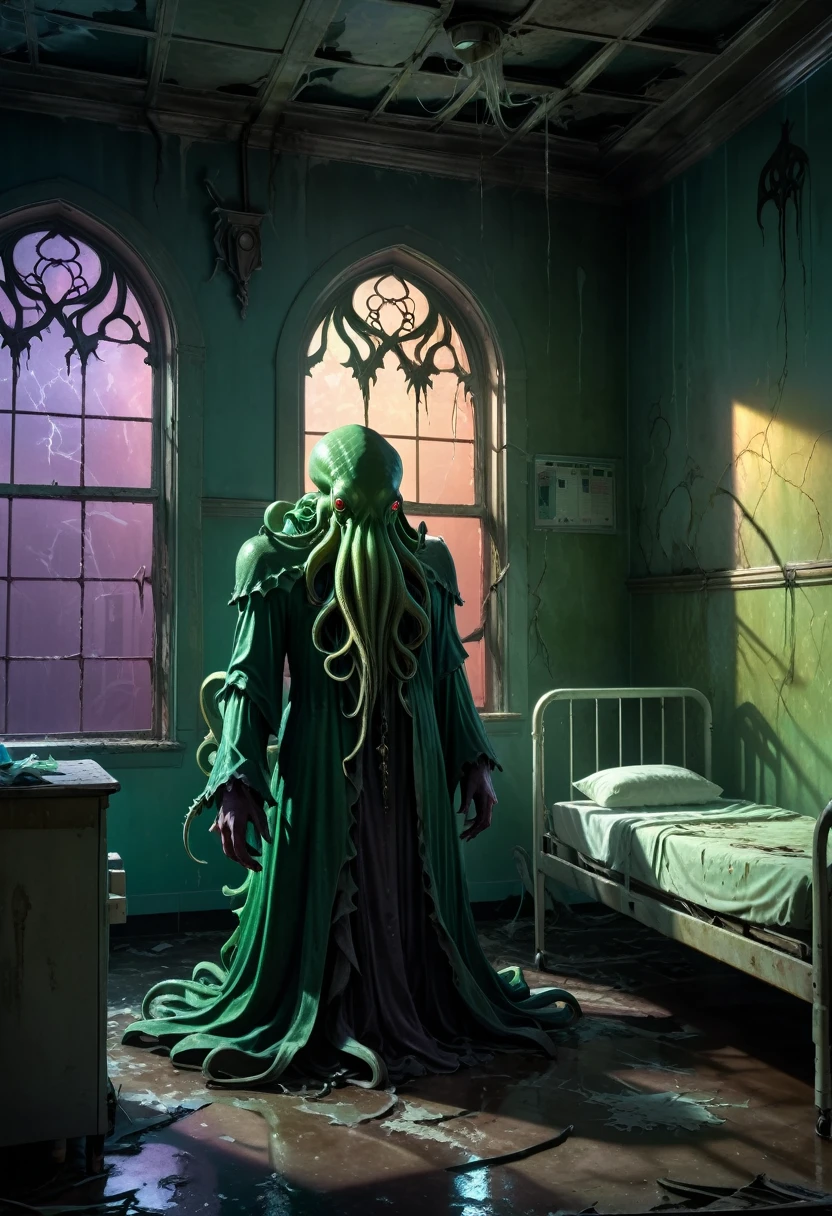 A Cthulhu creature standing in a dilapidated hospital ward，cobweb，Twisted metal bed，Peeling paint，Broken windows，Moonlight through，Shadows Lurk，Chiaroscuro lighting，Pastel color palette，（Best quality，4k，8k，masterpiece：1.2），Ultra Detail，fear，Gothic