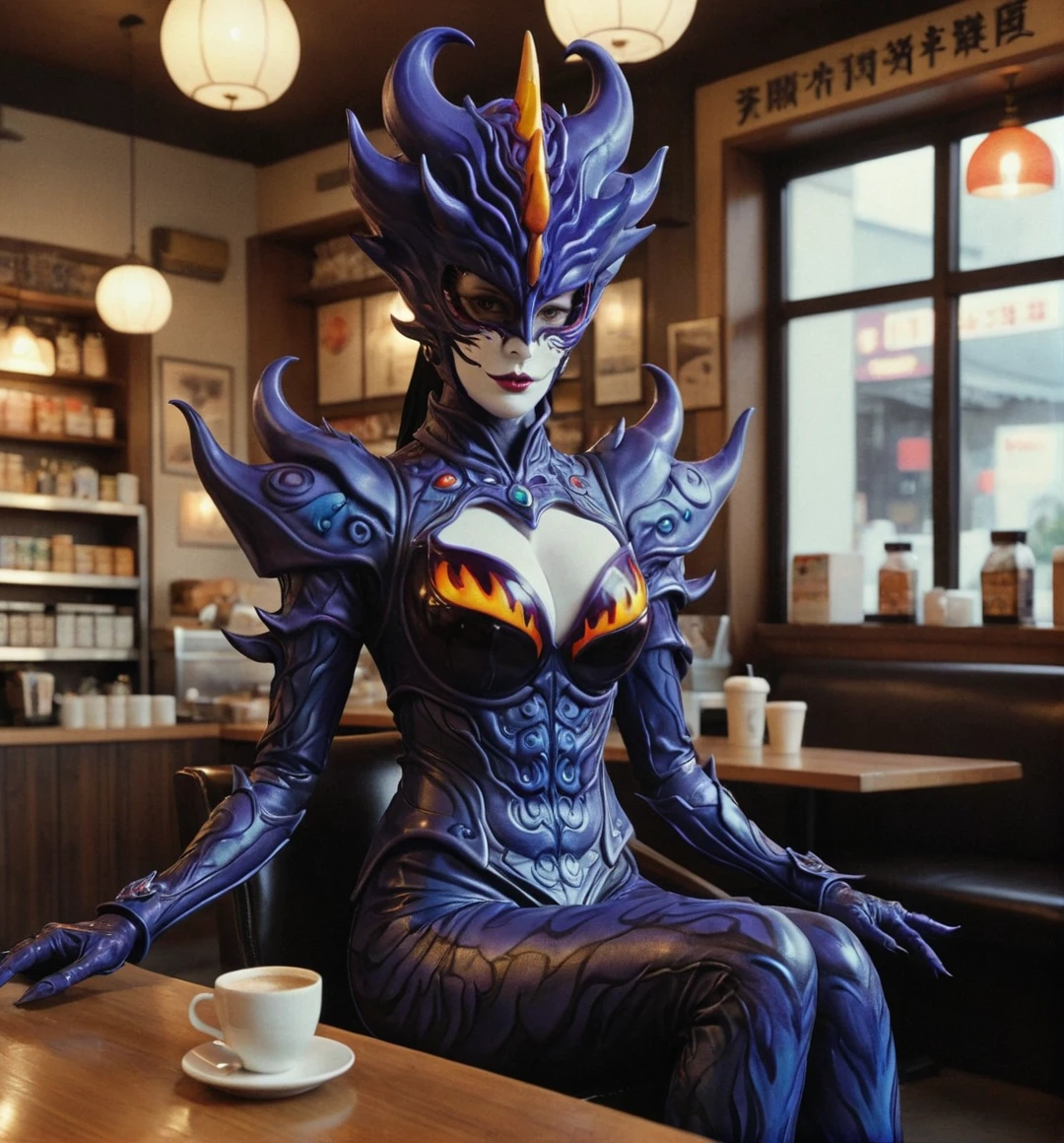 kaijinxl. full body, perfect anatomy. a tall countess, from the side, wearing a black shadows (violet dark flames:1.2) monster themed costume and mysterious blue eyed mask with flames form headgear. emphasized-details, seated on Tokyo coffee shop, gloomy, retro filter, VHS screencap,  