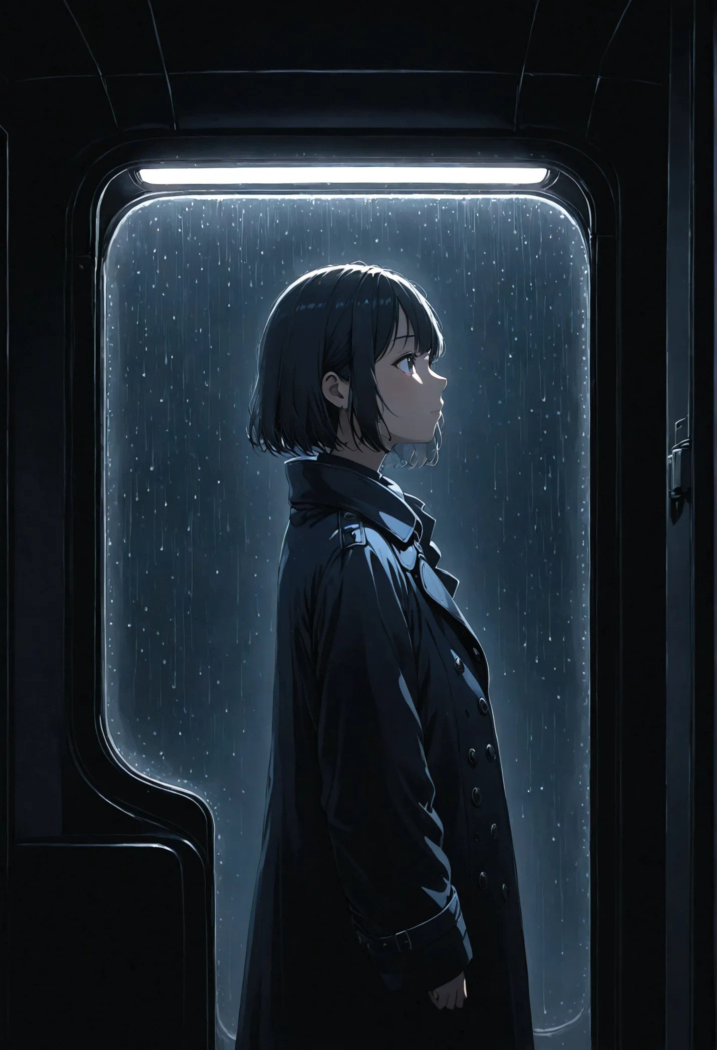 ((masterpiece), absurd quality, 16k, 1 girl with short hair, wearing a dark blue coat, she's long, dimly lit subway. the perspec...