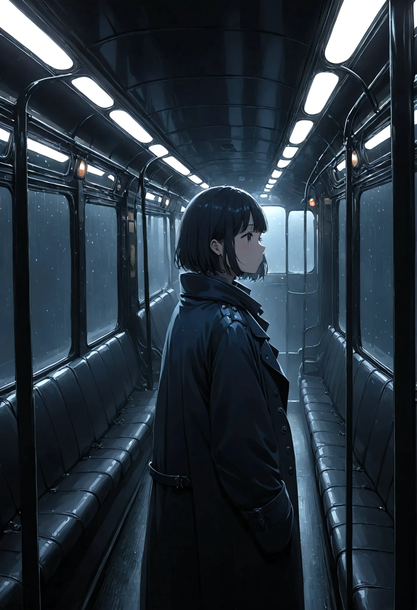 ((masterpiece), absurd quality, 16k, 1 girl with short hair, wearing a dark blue coat, she's long, dimly lit subway. the perspec...