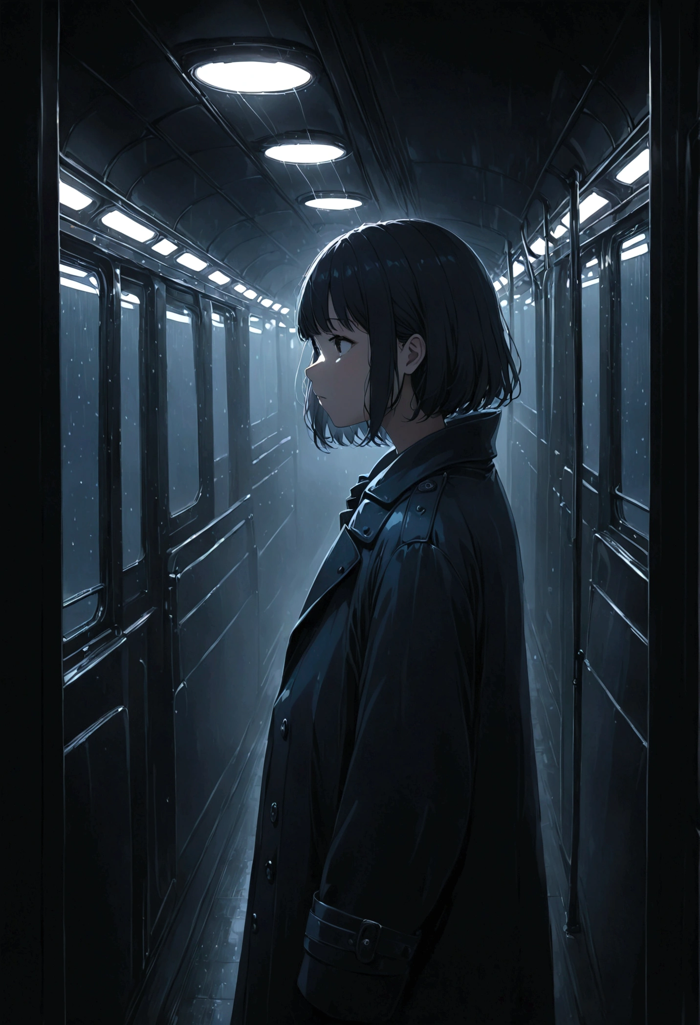 ((masterpiece), Absurd quality, 16k, 1 girl with short hair, Wearing a dark blue coat, She's long, Dimly lit subway. The perspective camera captures the entire vehicle. In the carriage, At the very back, In a dark corner not well lit by the flashing lights, A No-Face ghost appears wearing a transparent black outfit, It is translucent, The lighting is so dim that I can barely see anything. The girl in profile is breathing in the cold air from her breath. A dim light shines in from outside through the cold raindrops on the fogged-up windows, illuminating the atmosphere inside the car..A girl with a calm and thoughtful expression, Silently watched over by No-Face.