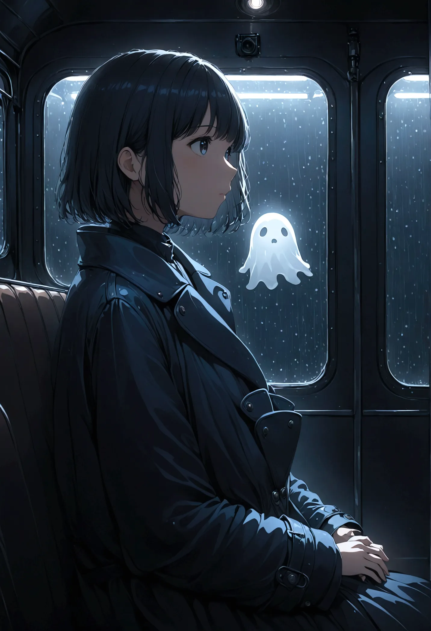 ((masterpiece), absurd quality, 16k, 1 girl with short hair, wearing a dark blue coat, she's long, dimly lit subway. the perspec...